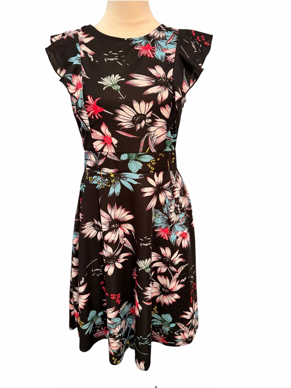 iHot Large Floral Fit-and-Flare Dress Black Pink Blue Back Zip Stretch